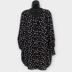 Catherines Black Red & White Hearts Novelty Print Roll Tab Sleeve Top Size 1X